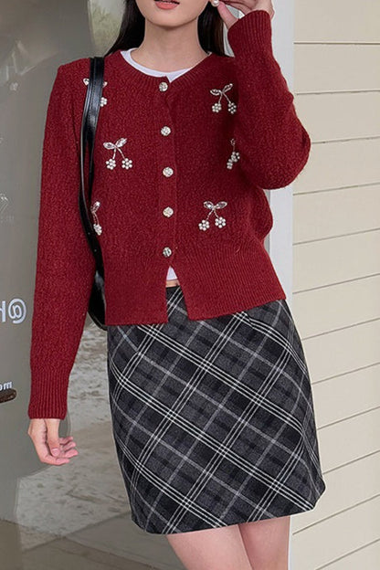 Embroidered 3D Cherry Knit Christmas Cardigan