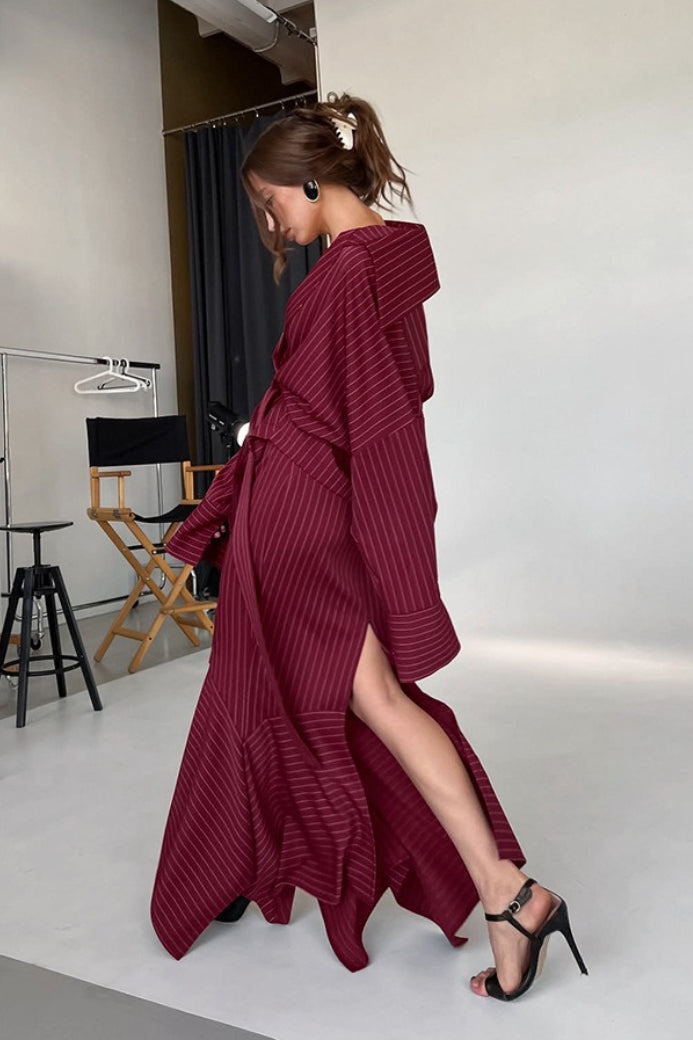 Shirt Style Striped V-Neck Tie Fitted Waist Maxi Dress