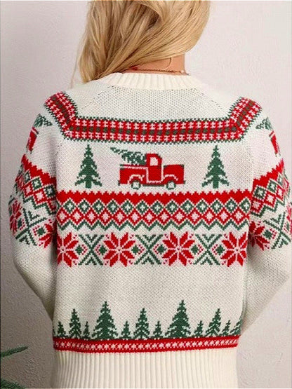 Christmas Tree Print Crew Neck Color Block Embroidery Sweater