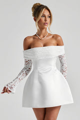 Off Shoulder Lace Sleeve A Line Mini Dress