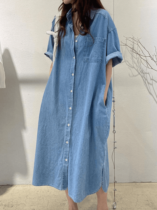 VibeMartini-Vintage Lapel Single Breasted Casual Pocket Denim Dress