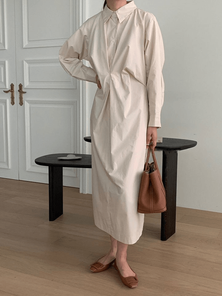 VibeMartini-Casual Pleated Long-sleeve Polo Shirt Dress