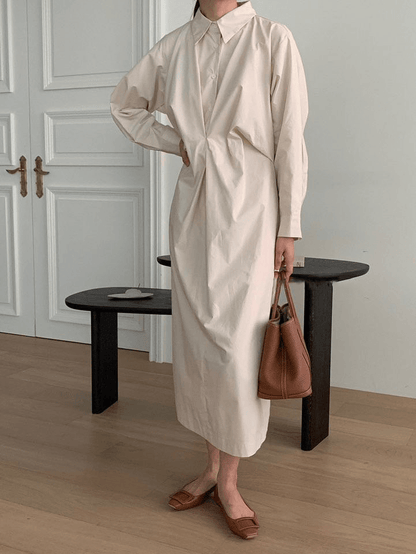 VibeMartini-Casual Pleated Long-sleeve Polo Shirt Dress