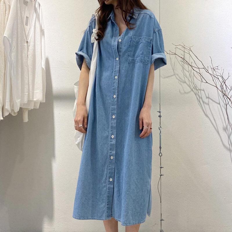 VibeMartini-Vintage Lapel Single Breasted Casual Pocket Denim Dress