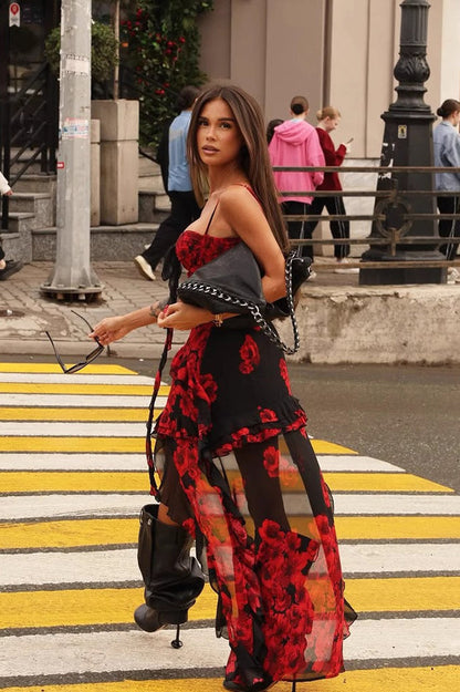 Rose Print Strapless Party Dress