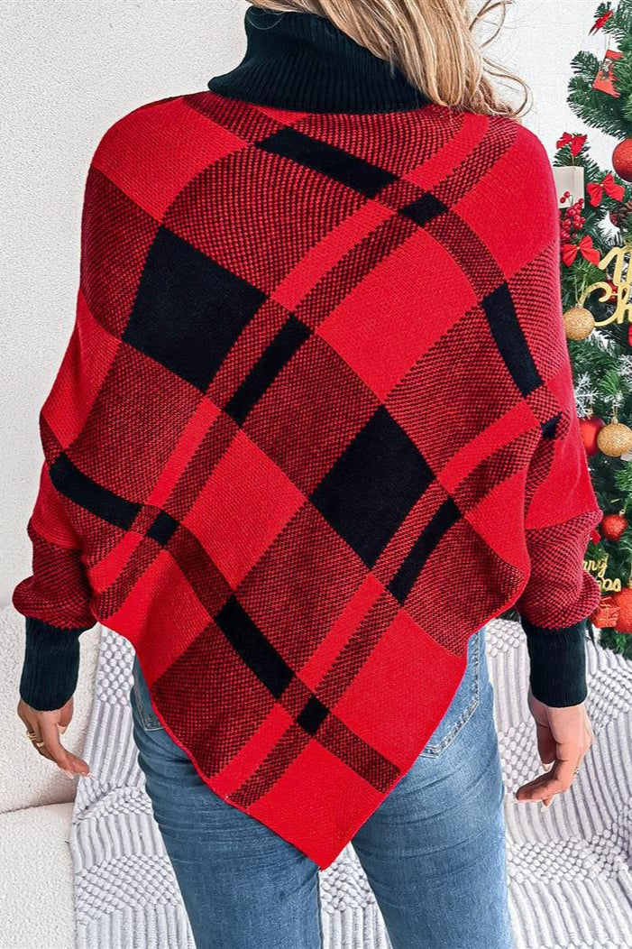 Christmas Plaid Contrast Turtleneck Cape Sweater