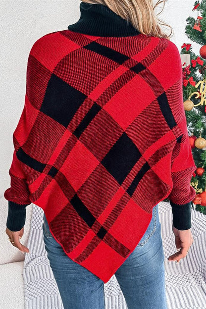 Christmas Plaid Contrast Turtleneck Cape Sweater