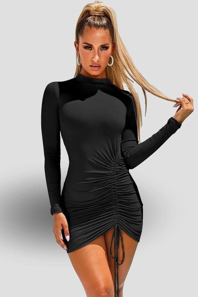 Black round neck long sleeve slim dress