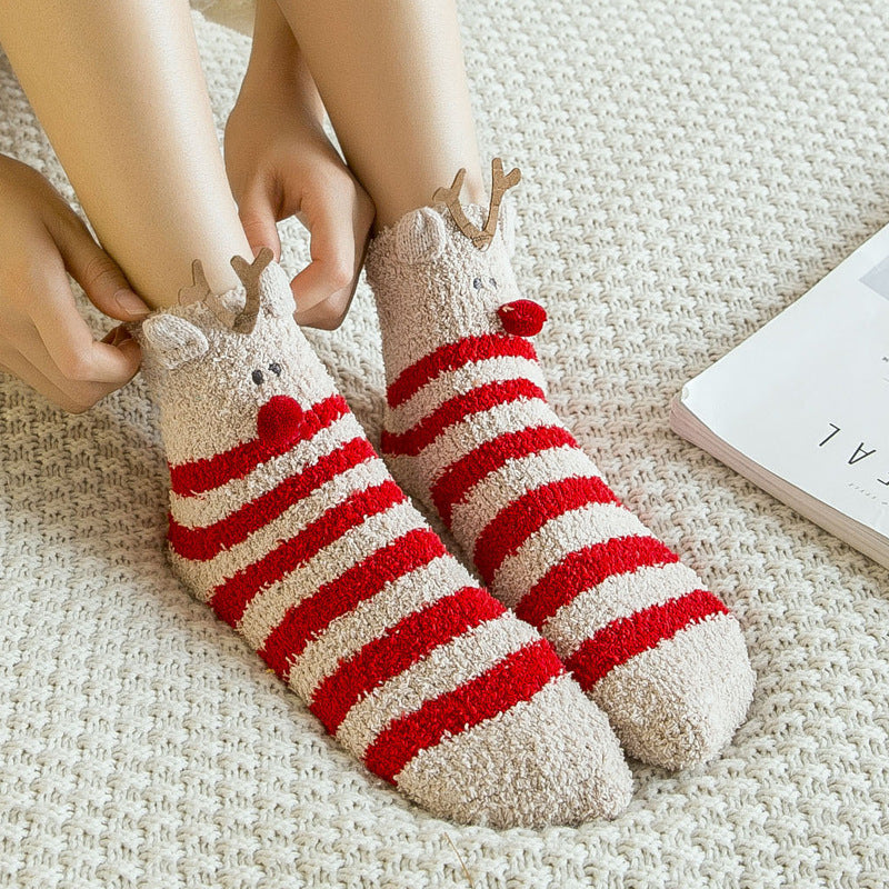 Soft Cotton Coral Fleece Cute Mid Calf Sleep Christmas Socks