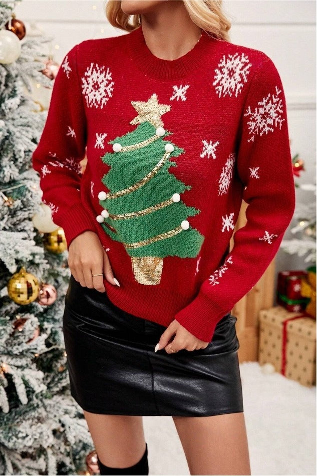 Christmas Tree Snowflake 3D Pom Sequin Sweater