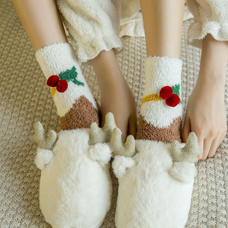 Soft Cotton Coral Fleece Cute Mid Calf Sleep Christmas Socks