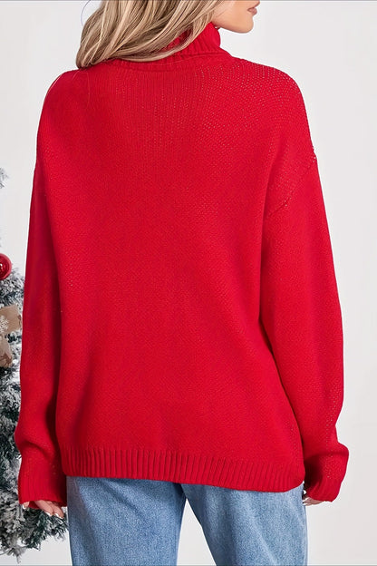Christmas Cozy Turtleneck Moose Print Color Block Sweater