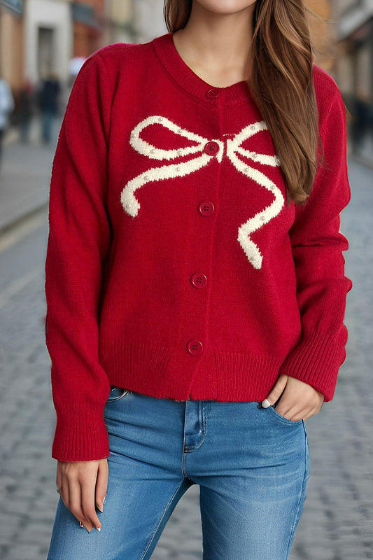 Solid Bow Jacquard Round Christmas Cardigan