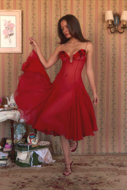 3D Flower Deep V Patchwork Spaghetti Strap Romantic Party Dress