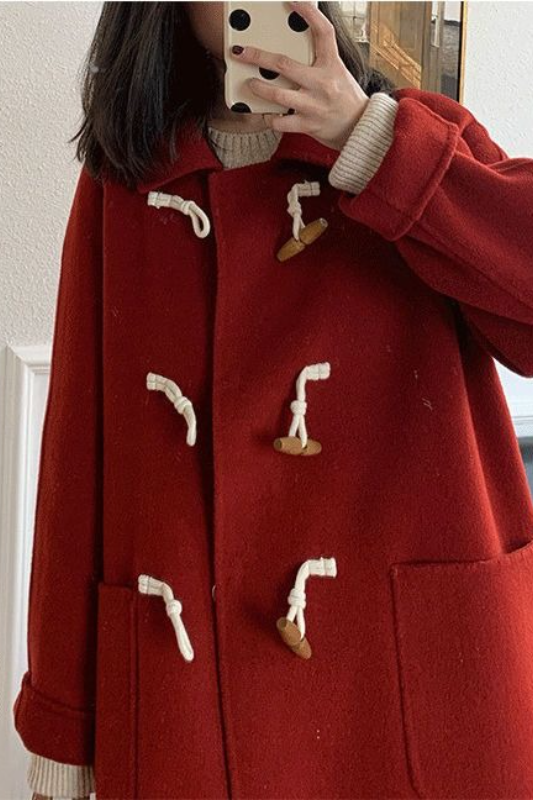 Petite Red Thickened Wool Horn Button Christmas Outerwear