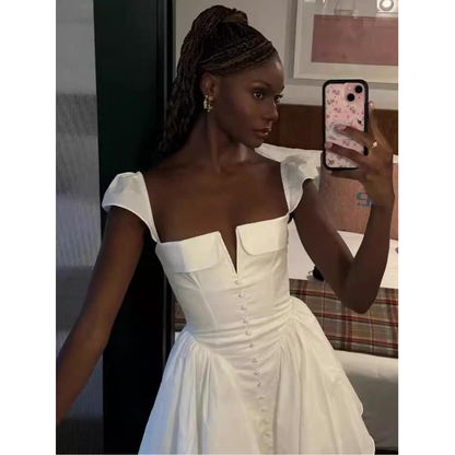 V-neck White Pleated Short Dress