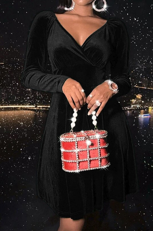 Velvet Solid Long Sleeve V-neck Midi Dress