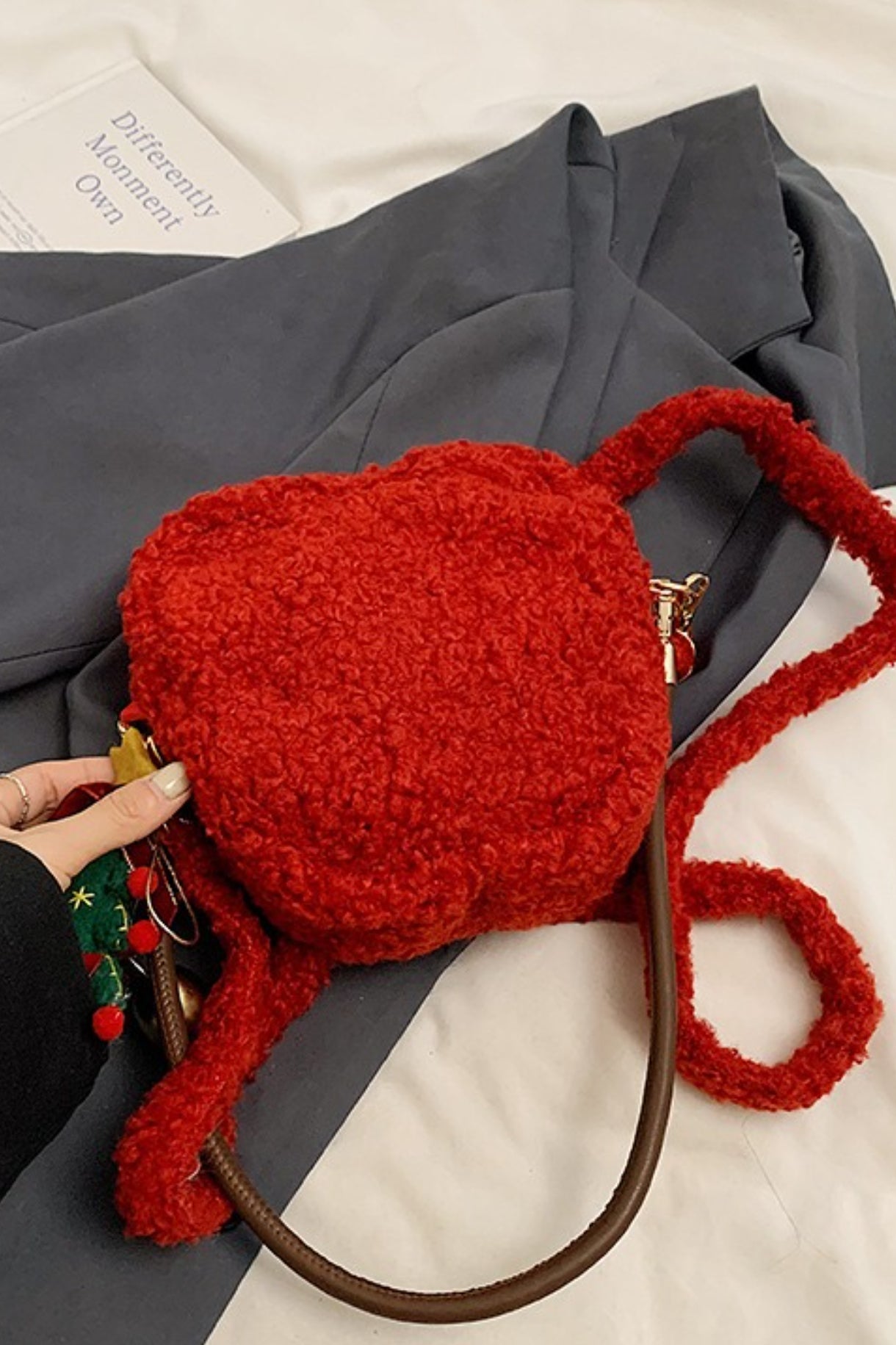 Fuzzy Sherpa Apple Bag Cute Mini Handheld Shoulder Crossbody Bag