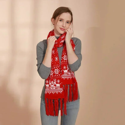 Red Cartoon Reindeer Snowflake Warm Scarf For Christmas Scarfs-L