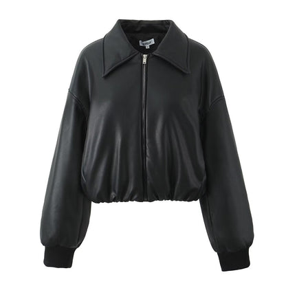 Tavimart Vintage Lapel Collar Pu Leather Short Jacket Women Chic Long Sleeve Zipper Cropped Coats 2025 New Fashion Female Street Outwears
