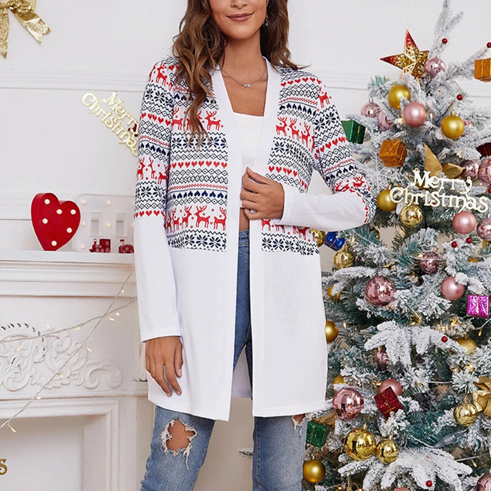 Casual Long Sleeve New Year Ladies Cardigan Christmas Sweater White / S Sweaters-L