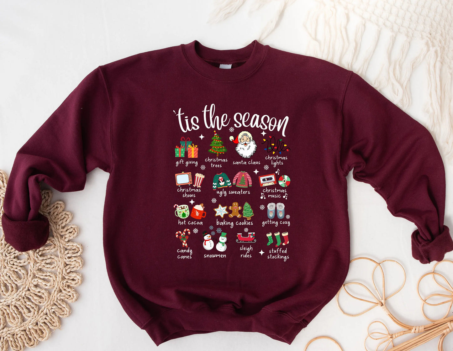 Fashion Girl Tis The Season Retro Cute Element Christmas Hoodie Burgundy / S Hoodies-L