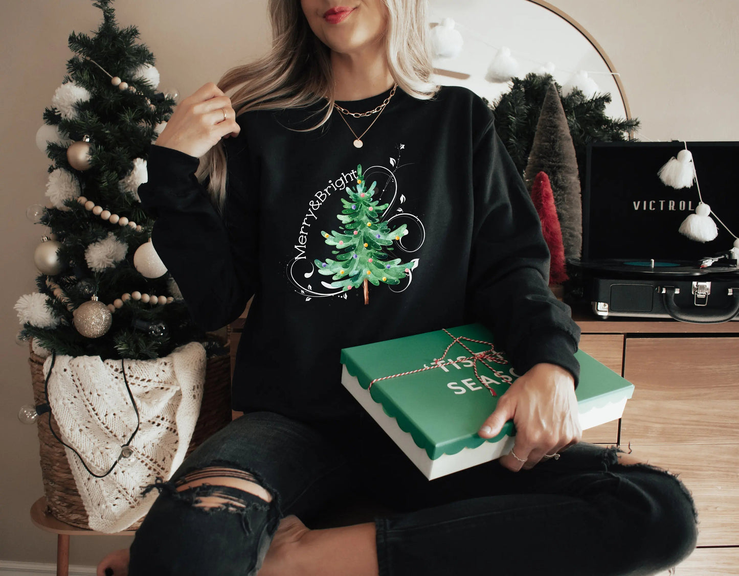 Merry Bright Light Tree Girl Christmas Hoodie Black / S Hoodies-L