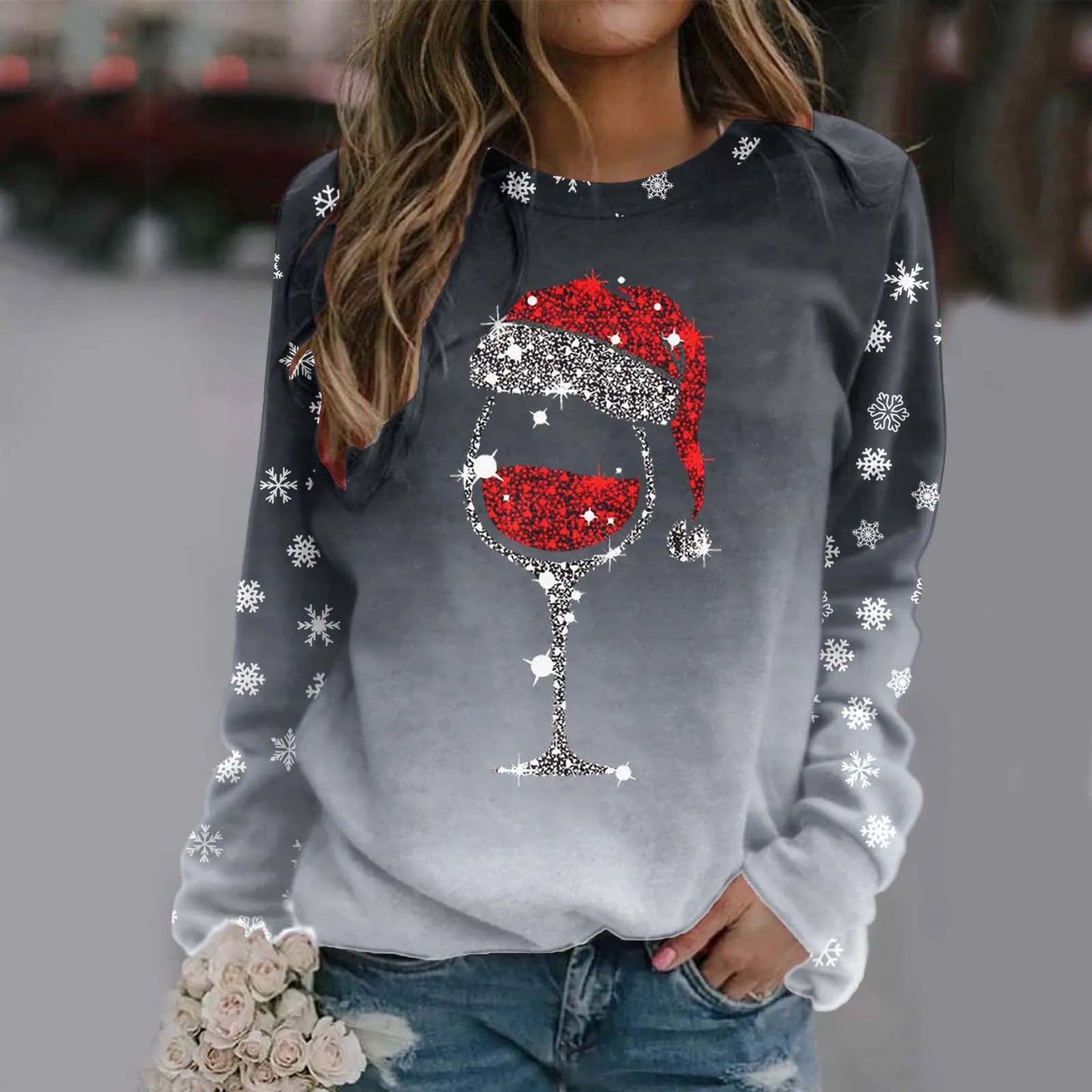 Cute Reindeer Graphic Long Sleeve Sweatshirt New Year Christmas Sweater 3-Grey / S Sweaters-L