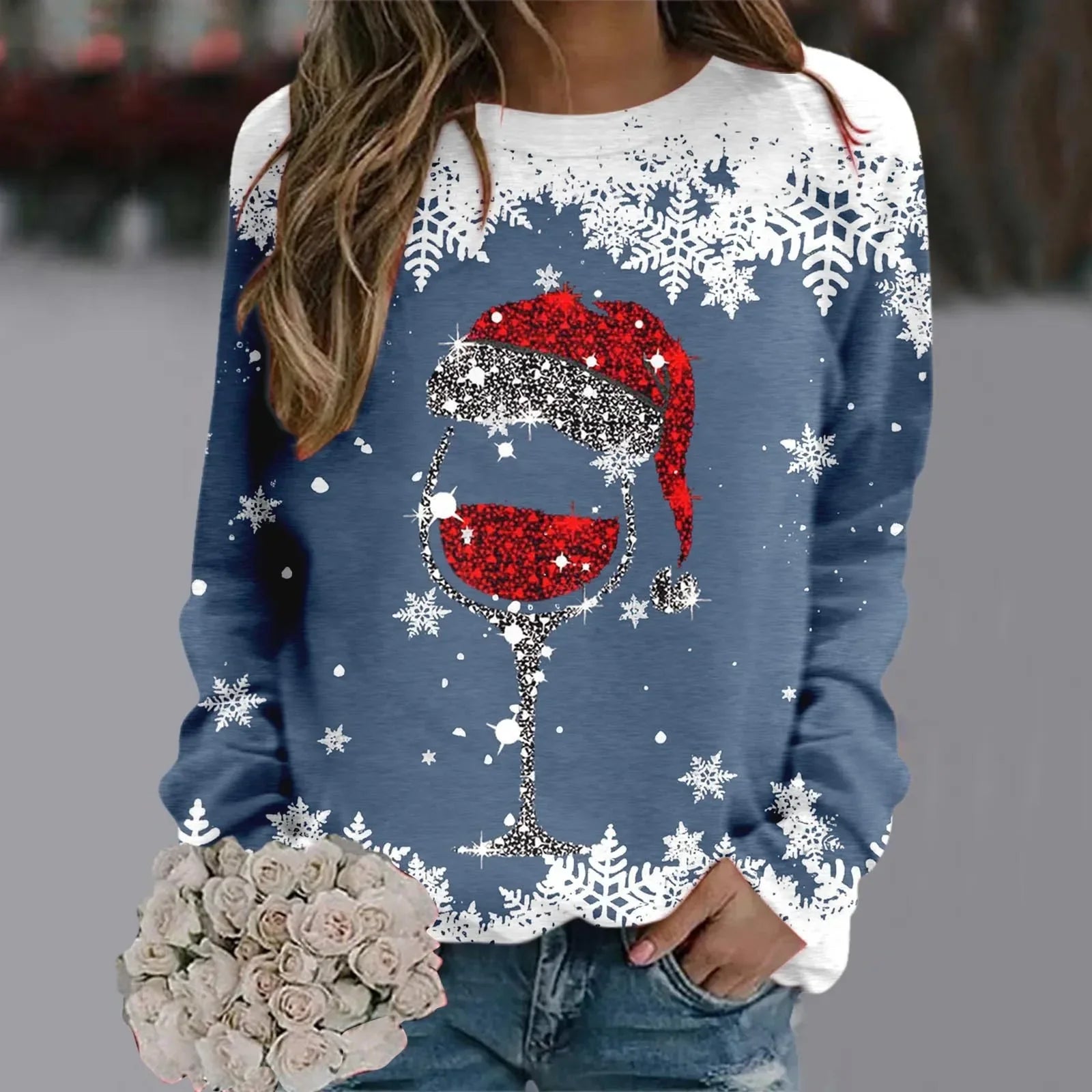 Cute Reindeer Graphic Long Sleeve Sweatshirt New Year Christmas Sweater 1-Blue / S Sweaters-L