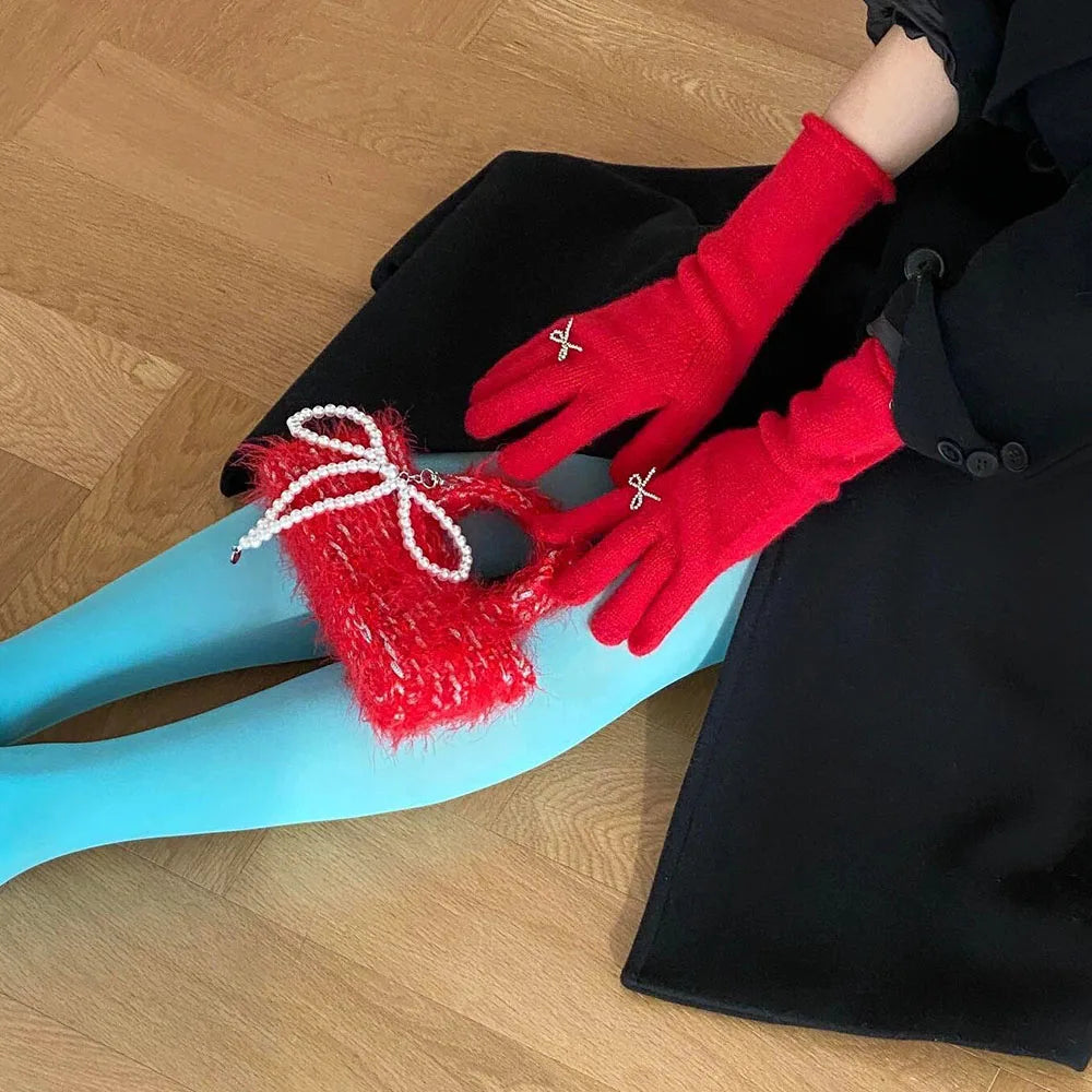 Vintage Red Wool Rabbit Full Finger Mittens For Winter Warmth Gloves-L