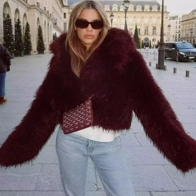 Wine Red Cropped Faux Fur Coat Claret / Xs Coats-241208