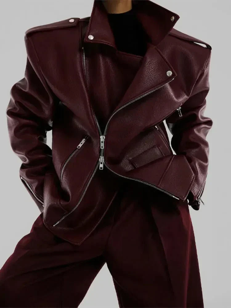 Pu Leather Double Zipper Coat Wine Red 1 / S Coats-241208