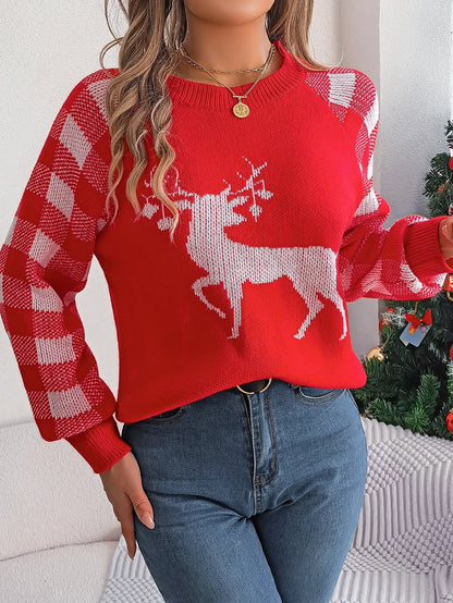 Checkered Deer Long Sleeve Hoodie Red Green Knitted Pullover New Year Christmas Sweater / S