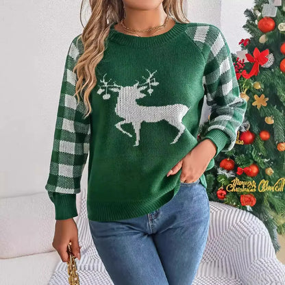 Checkered Deer Long Sleeve Hoodie Red Green Knitted Pullover New Year Christmas Sweater Sweaters-L