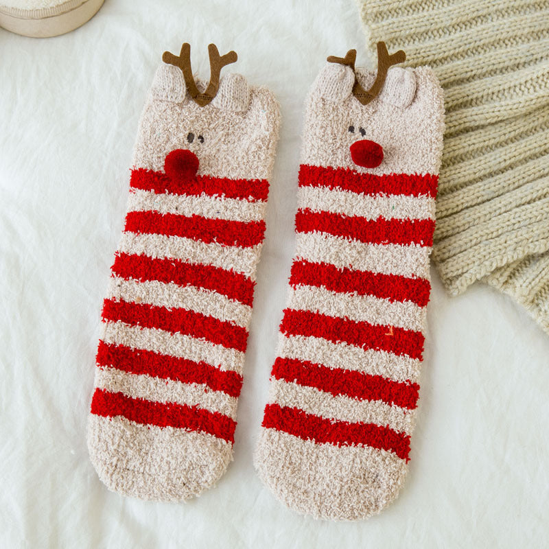 Soft Cotton Coral Fleece Cute Mid Calf Sleep Christmas Socks