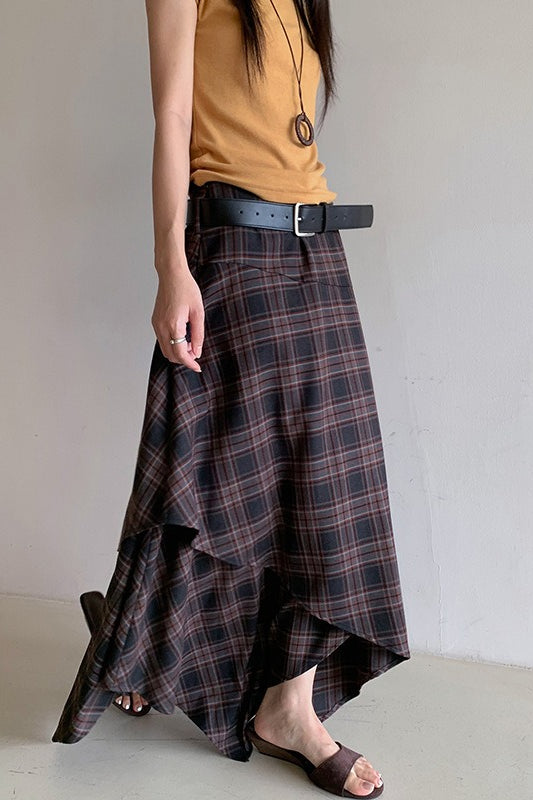 Asymmetric Plaid Midi Christmas Skirt