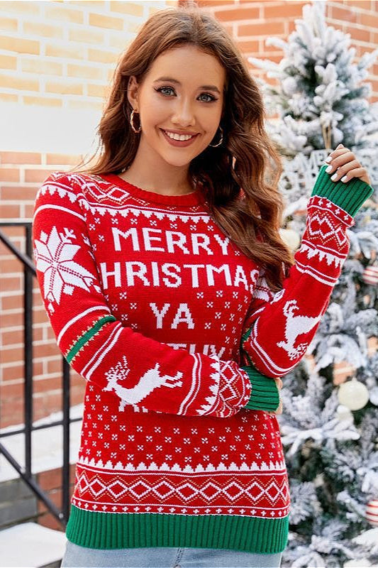 Christmas Relaxed Crew Neck Color Block Christmas Style Cartoon Print Sweater
