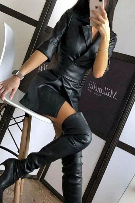 Pu leather suit collar leather jacket dress