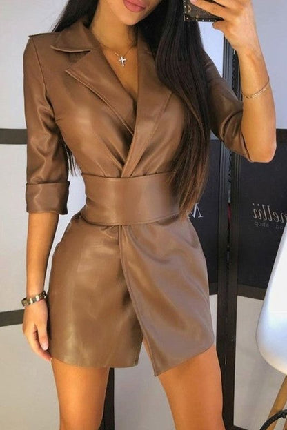 Pu leather suit collar leather jacket dress