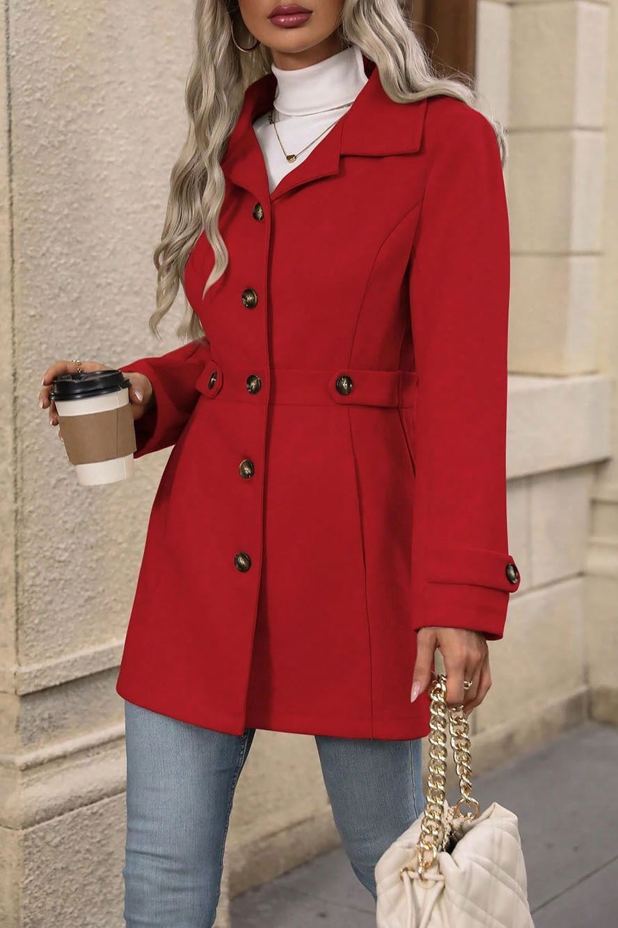 Solid Notch Lapel Buttoned Elegant Wool Blend Christmas Outerwear