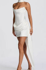 Strapless Satin Scarf Draped Cocktail Dress