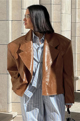Cropped Faux Leather Single Button Jacket