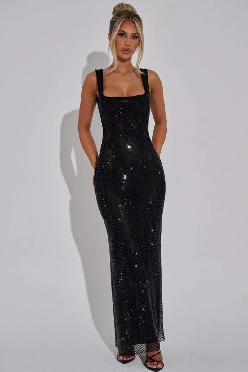 Double Strap Sequin Mesh Slip Dress