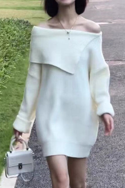 Relaxed Effortless Boat Neck Midi Knit Sweater Dress