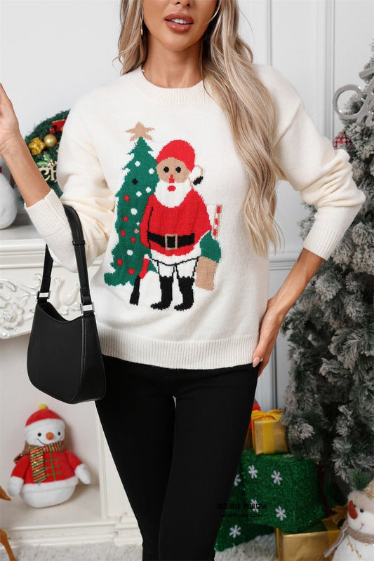 Christmas Santa Print Color Block Crew Neck Sweater