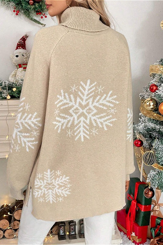 Solid Color Turtleneck Christmas Snowflake Print Sweater