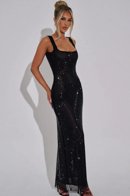 Double Strap Sequin Mesh Slip Dress