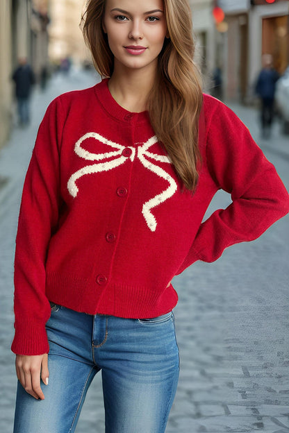 Solid Bow Jacquard Round Christmas Cardigan