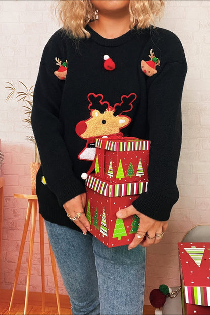 Christmas Cartoon Deer Knit Crew Patchwork Sweater