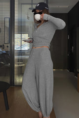 Henley Cropped Top Jogger Pants Set